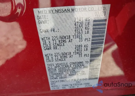 2020 Nissan Rogue Sv Intelligent Awd из США, поврежденный, VIN 5N1AT2MV3LC787490